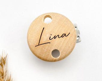 Schnullerketten-Clip Holz | personalisiert mit Name | runder Clip mit Gravur | Clip für Baby, Kinderwagen, Beißkette