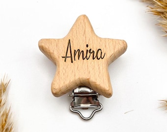 Stern Holzclip | personalisiert mit Name | Schnullerkettenclip mit Gravur | Clip für Baby, Beißkette & Kinderwagen
