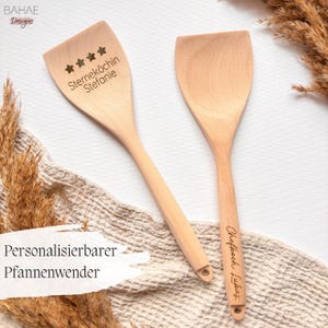 Personalisierter Pfannenwender aus Buchenholz | Wunschtext und Motiv graviert | Geschenk für Köche, Mama, Camper oder zum Einzug