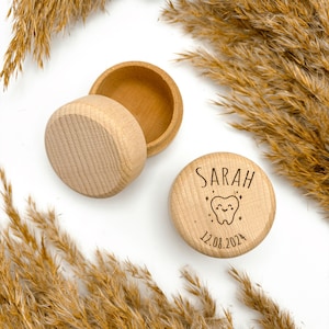 Personalisierte Zahndose mit Name & Datum | Holz Milchzahndose mit süßem Zahn-Motiv | Geschenk Einschulung und Zahnfee