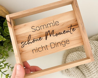 Holzschild „Sammle schöne Momente, nicht Dinge“ | Inspirierender Spruch auf Buchenholz, Handmade Wanddeko