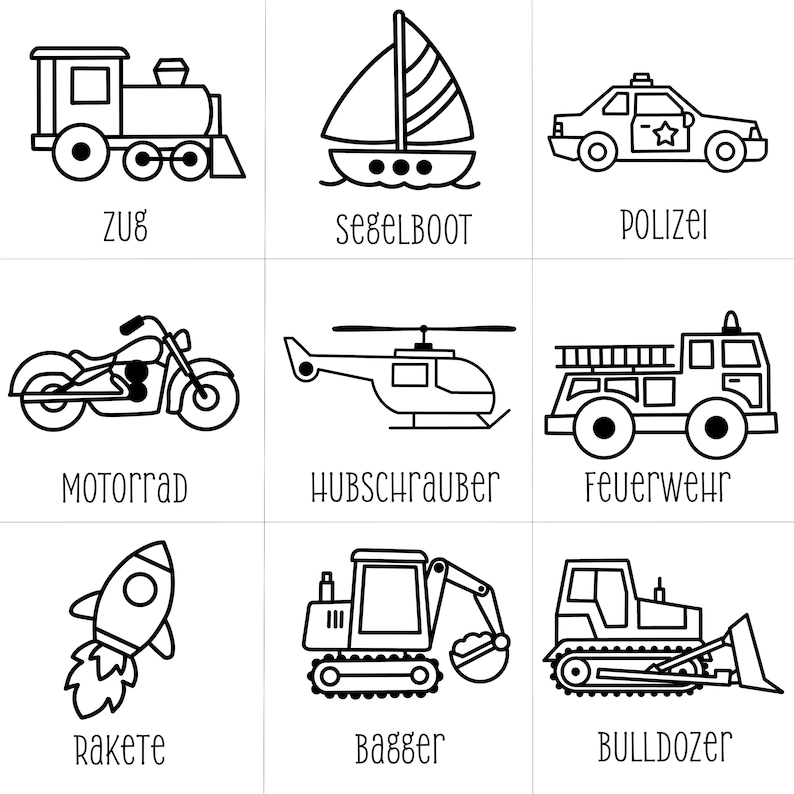 Peut inclure: Dessins au trait noir et blanc de diff&eacute;rents v&eacute;hicules sur fond blanc. Les illustrations comprennent un train, un voilier, une voiture de police, une moto, un h&eacute;licopt&egrave;re, un camion de pompiers, une fus&eacute;e, une excavatrice et un bulldozer. Chaque image a un mot allemand.