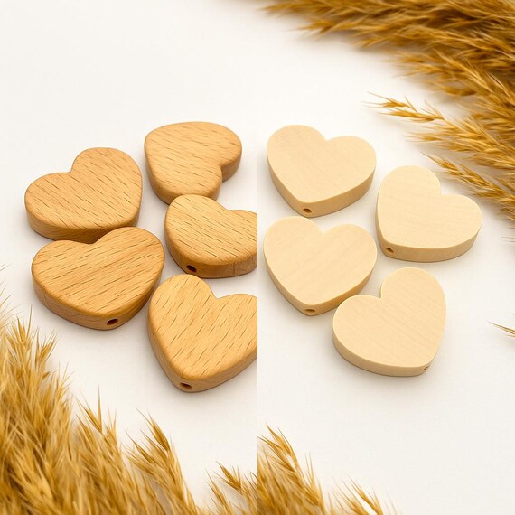 Herz Holzperlen | 25mm Buche oder 30mm Ahorn | naturbelassen | für Schnullerketten, DIY & Makramee