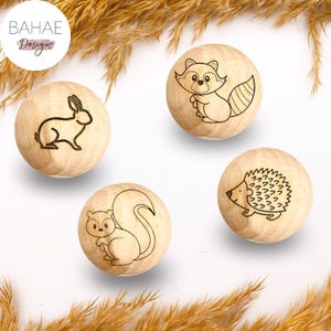 Holzperle mit Motiv | WALDTIERE | Naturholz Buche 12–30mm | CE-konform | DIY Babygeschenk & Schnullerkette