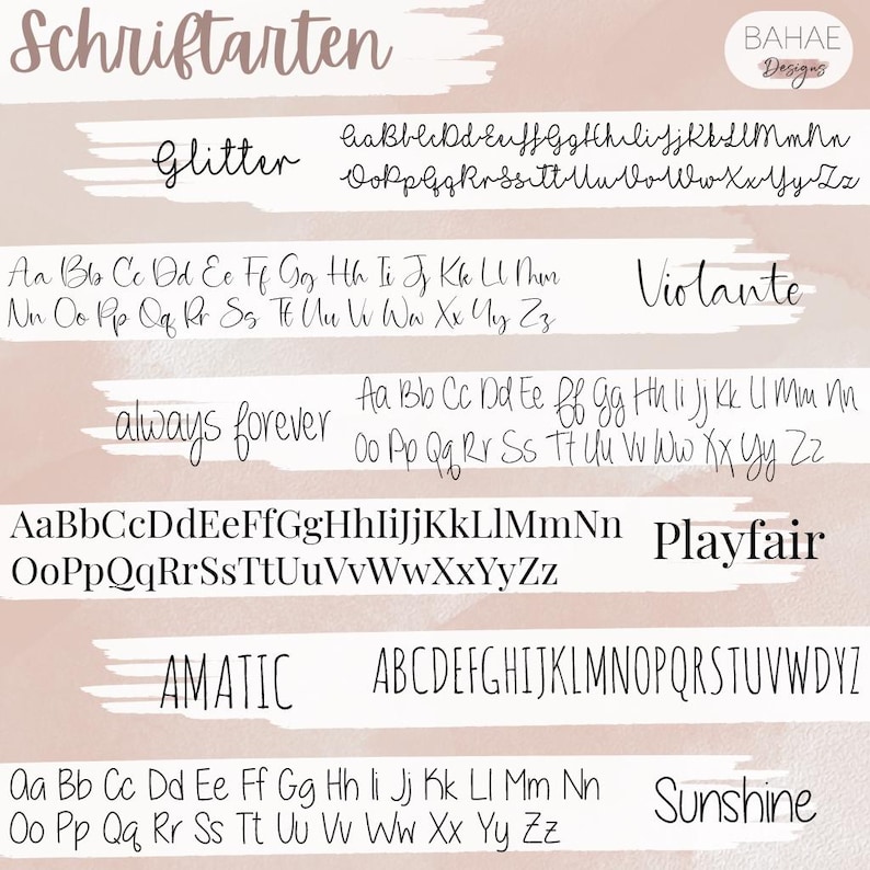 Peut inclure: Une image pr&eacute;sentant diff&eacute;rents styles de polices, dont "Glitter", "Violante" et "Sunshine". Chaque police est affich&eacute;e avec des lettres majuscules et minuscules, offrant une r&eacute;f&eacute;rence visuelle pour les choix de conception. Le fond a une palette de couleurs douce et neutre.