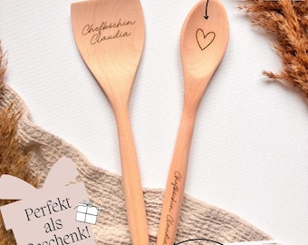Personalisiertes Kochlöffel- und Pfannenwender-Set aus Buchenholz | Wunschgravur | Geschenk für Köchin | Küche nachhaltig graviert
