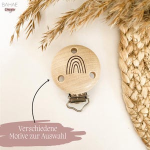 Runder Holzclip mit Motivgravur | Schnullerkettenclip 35 mm | Fuchs, Herz, Regenbogen & mehr | für Baby, DIY, Kinderwagen