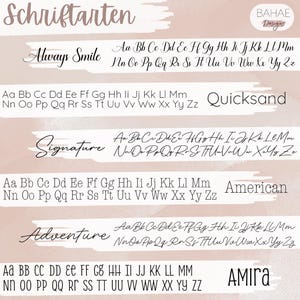 May include: A graphic design image showing different font styles with the words "Schriftarten", "Always Smile", "Signature", "Adventure", "Quicksand", "American", and "AMIRA". The font styles are shown in both uppercase and lowercase letters.