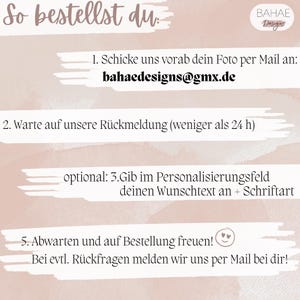 K&ouml;nnte beinhalten: Eine Grafik mit Anweisungen in deutscher Sprache auf hellrosa Hintergrund. Der Text enth&auml;lt Bestellschritte, eine E-Mail-Adresse und den Schriftzug "BAHAE Designs" in der oberen rechten Ecke.
