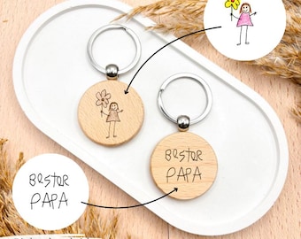 Schlüsselanhänger mit Kinderzeichnung | Gravur aus Kinderhand | Gift for Papa, Mama, Opa, personalisiert mit Text auf der Rückseite