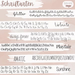May include: A pink and white background with a collection of different fonts, including Glitter, Violante, Playfair, Amatic, and Sunshine. Each font is displayed with the alphabet in lowercase and uppercase letters.