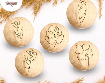 Holzperle mit Motiv | One-Line Blumen | Naturholz Buche 12–30mm | CE-konform | DIY Babygeschenk & Schnullerkette