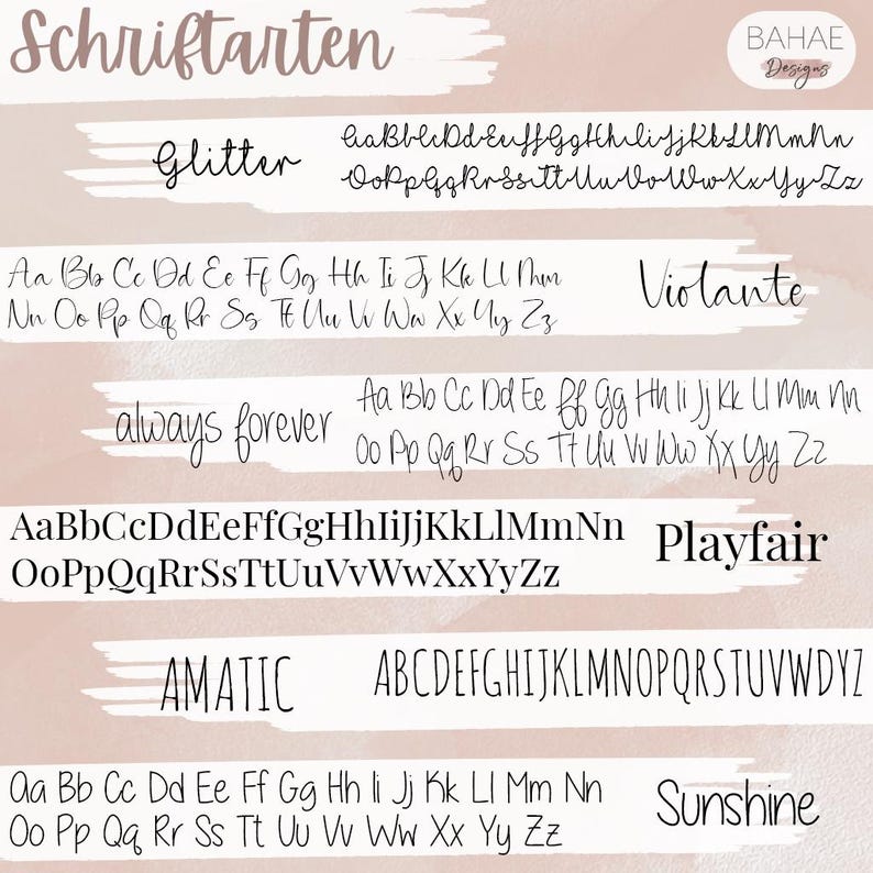 May include: A pink and white background with a collection of different fonts, including Glitter, Violante, Playfair, Amatic, and Sunshine. Each font is displayed with the alphabet in lowercase and uppercase letters.