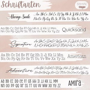 May include: A graphic design image showing different font styles with the words "Schriftarten", "Always Smile", "Signature", "Adventure", "Quicksand", "American", and "AMIRA". The font styles are shown in both uppercase and lowercase letters.
