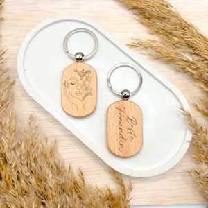 Schlüsselanhänger Holz graviert | Line-Art Gesicht & Wunschtext | Geschenk beste Freundin, Frau, personalisiert, beidseitig graviert