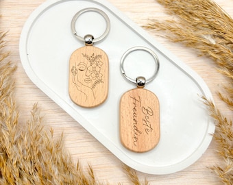 Engraved Wooden Keychain | Line-Art Face & Personalized Text