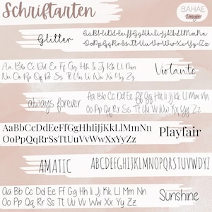 May include: A graphic showcasing various font styles, including "Glitter," "Violante," and "Sunshine." The fonts are displayed with both uppercase and lowercase letters, offering a visual guide for design projects. The background has a soft, neutral color palette.