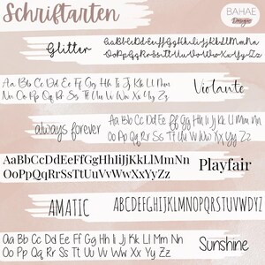 K&ouml;nnte beinhalten: Grafik mit verschiedenen Schriftarten, darunter "Glitter", "Violante" und "Sunshine". Jede Schriftart wird mit Gro&szlig;- und Kleinbuchstaben dargestellt, was eine visuelle Referenz f&uuml;r Designentscheidungen bietet. Der Hintergrund hat eine weiche, neutrale Farbpalette.