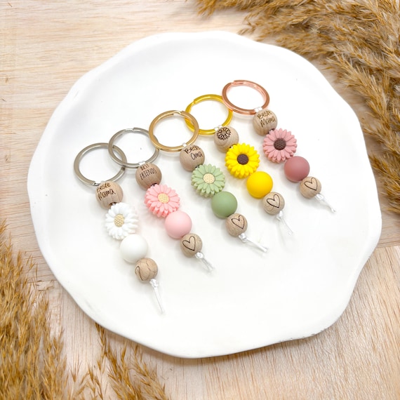 Personalisierter Schlüsselanhänger mit Namen | Wählen Sie Farbe, Ring & Motivperle | Geschenk Freundin, Mama, Lehrerin, Dankeschön