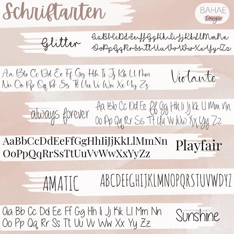 May include: A pink and white background with a variety of fonts displayed in black. The fonts are labelled with the names "Glitter", "Violante", "Playfair", "Amatic", and "Sunshine".