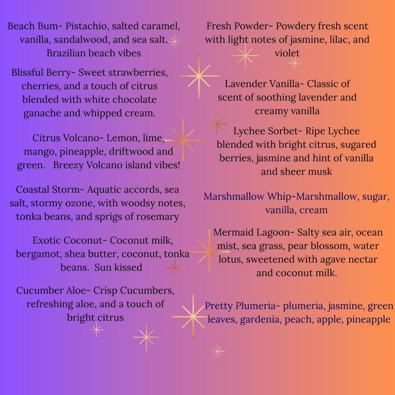 K&ouml;nnte beinhalten: Ein violetter und orangefarbener Hintergrund mit goldenen Sternsymbolen und einer Liste von Duftbeschreibungen, darunter Beach Bum, Blissful Berry, Citrus Volcano, Coastal Storm, Exotic Coconut, Cucumber Aloe, Fresh Powder, Lavender Vanilla, Lychee Sorbet, Marshmallow Whip, Mermaid Lagoon und Pretty Plumeria.