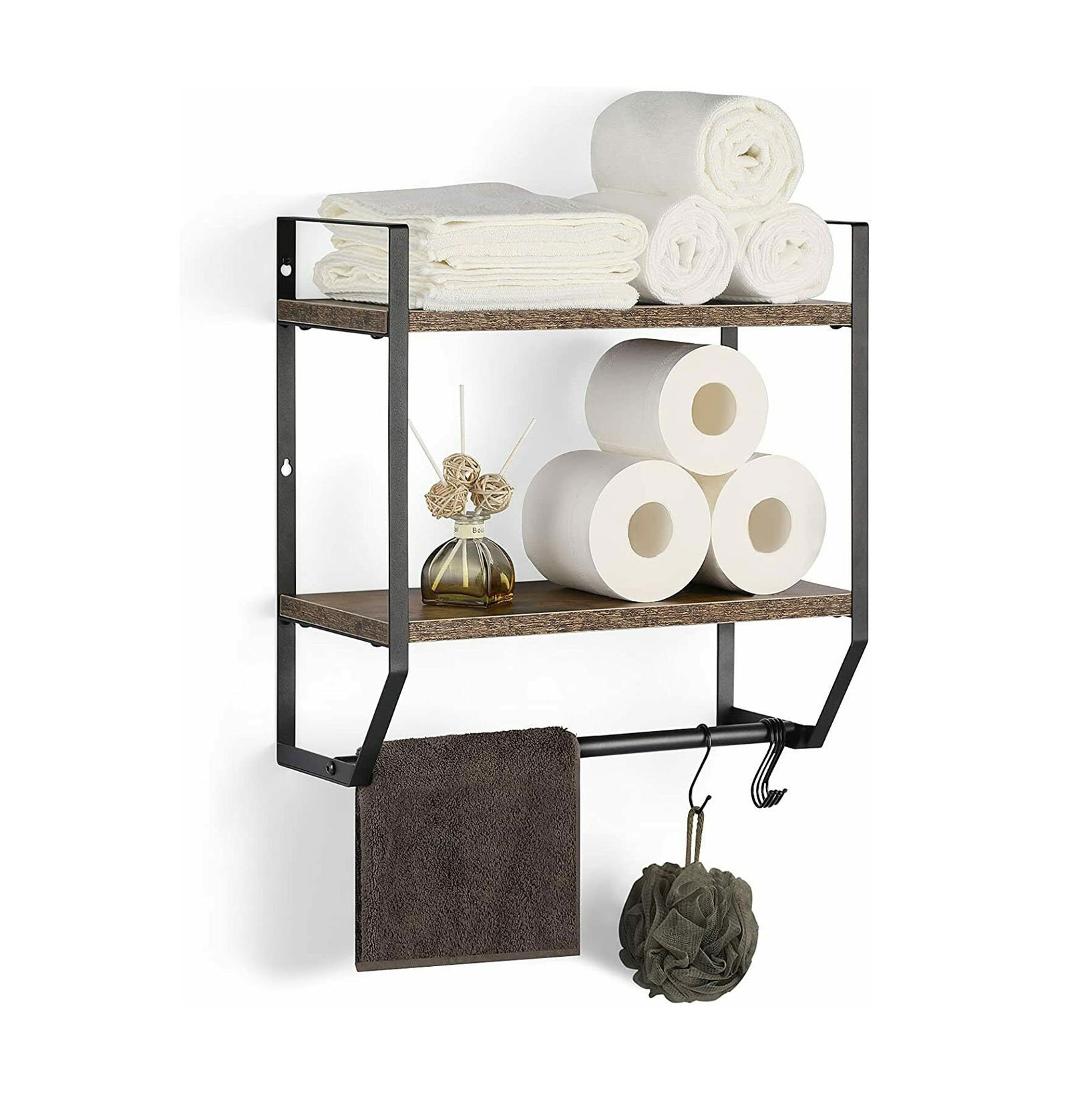 2 Tier Wall Mounted Torched Wood Bathroom Shelf Organizer with Hanging  Towel Bar