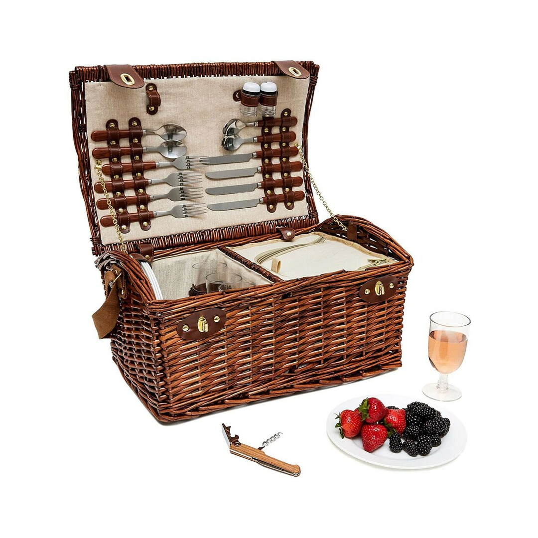 Large Wicker Picnic Basket Set for 4 Woven Wicker Picnic Etsy