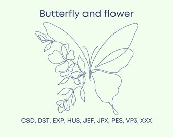 One Line Butterfly and Flowers Machine Embroidery Design, 8 sizes, Instant Download