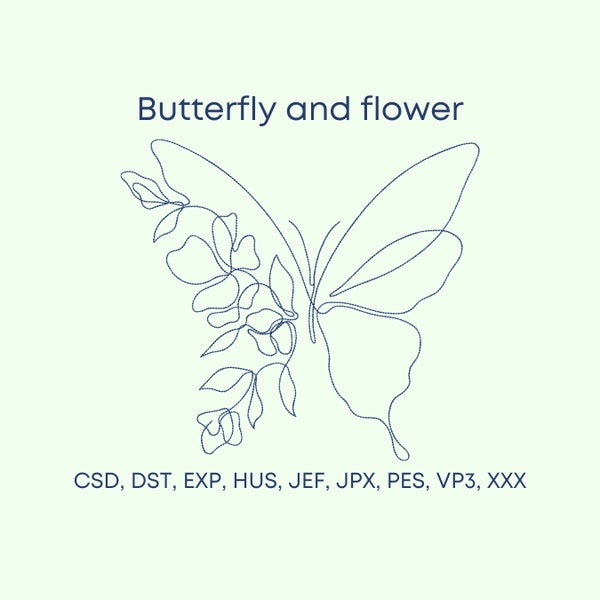 One Line Butterfly and Flowers Machine Embroidery Design, 8 sizes, Instant Download