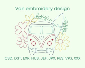 May include: Embroidered design of a vintage van with a surfboard and flowers. The design is available in the following formats: CSD, DST, EXP, HUS, JEF, JPX, PES, VP3, XXX.