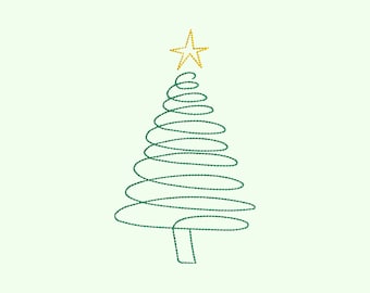 May include: A green Christmas tree made of a single continuous line with a gold star on top.