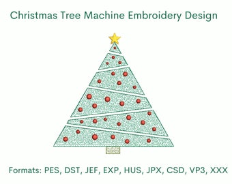 May include: Machine embroidery design of a green Christmas tree with red ornaments and a yellow star on top. The design is available in the following formats: PES, DST, JEF, EXP, HUS, JPX, CSD, VP3, XXX.