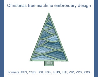 May include: A blue and green Christmas tree machine embroidery design. Formats: PES, CSD, DST, EXP, HUS, JEF, VIP, VP3, XXX