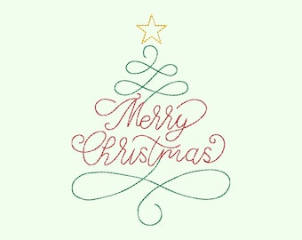 Merry Christmas Tree Embroidery Design: 3 Sizes (Instant Download)