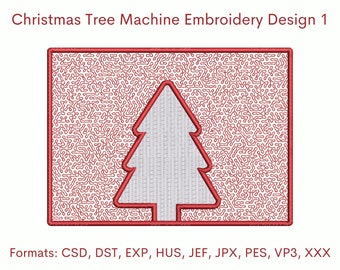 May include: Red machine embroidery design of a Christmas tree with a white outline. The design is surrounded by a red square with a red outline. The text "Christmas Tree Machine Embroidery Design 1" is above the design. The text "Formats: CSD, DST, EXP, HUS, JEF, JPX, PES, VP3, XXX" is below the design.