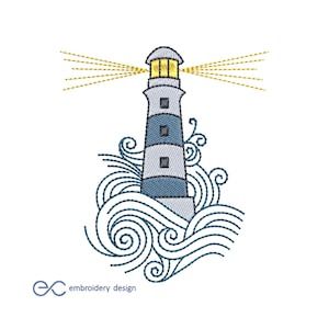 May include: Embroidered design of a lighthouse with a beam of light shining from the top, surrounded by blue waves. The design is perfect for nautical themed projects.
