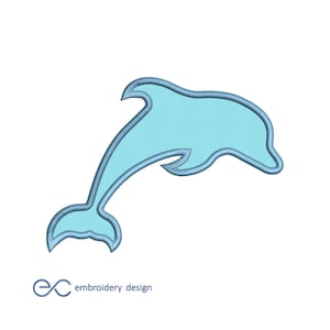 May include: A light blue embroidered dolphin design with a darker blue outline, jumping upwards. The design is on a white background. The text "embroidery design" is below the dolphin.