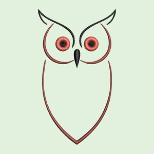 May include: A simple line drawing of an owl with black outlines and red eyes. The owl is facing forward with its wings folded.