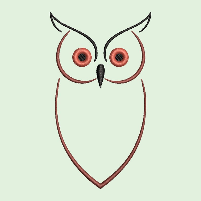 May include: A simple line drawing of an owl with black outlines and red eyes. The owl is facing forward with its wings folded.