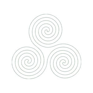 Può includere: Un design con tre spirali intrecciate, ciascuna con una serie di cerchi concentrici, creando un motivo visivamente accattivante.