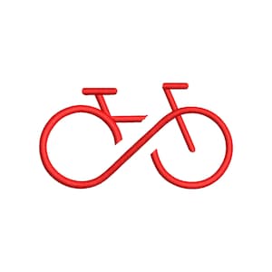 以下が含まれることがあります： 無限大の記号のデザインが施された自転車の赤い線画です。