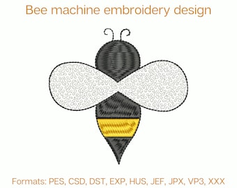 May include: Machine embroidery design of a bee with black and white wings and a yellow and black striped abdomen.