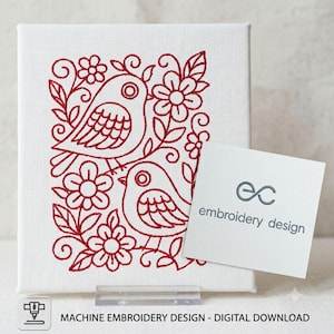 May include: A white square canvas featuring a red machine embroidery design of two birds surrounded by flowers and leaves. A small white card with the text "ec embroidery design" is placed on the canvas. The text "MACHINE EMBROIDERY DESIGN - DIGITAL DOWNLOAD" appears at the bottom.