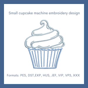 Könnte beinhalten: Ein blaues und weißes Cupcake-Stickmuster für eine Stickmaschine. Das Design zeigt einen Cupcake mit einem Strudel aus Zuckerguss auf der Oberseite. Das Design ist in folgenden Formaten verfügbar: PES, DST, EXP, HUS, JEF, VIP, VP3, XXX.