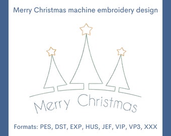 May include: Machine embroidery design featuring three stylized Christmas trees with star toppers. The words "Merry Christmas" are stitched below the trees. The design is presented on a white background with a blue border.