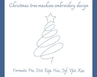 May include: A simple machine embroidery design of a Christmas tree with a star on top. The design is outlined in blue thread. The text "Formats: Pes, Dst, Exp, Hus, Jef, Vp3, Xxx" is below the design.