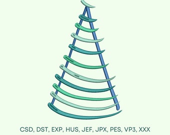 May include: A stylized blue and green Christmas tree with a blue trunk and nine green branches. The text "CSD, DST, EXP, HUS, JEF, JPX, PES, VP3, XXX" is below the tree.
