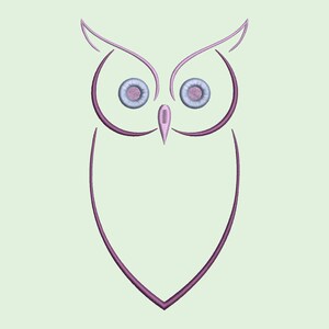 May include: A stylized purple line drawing of an owl with large, round eyes.