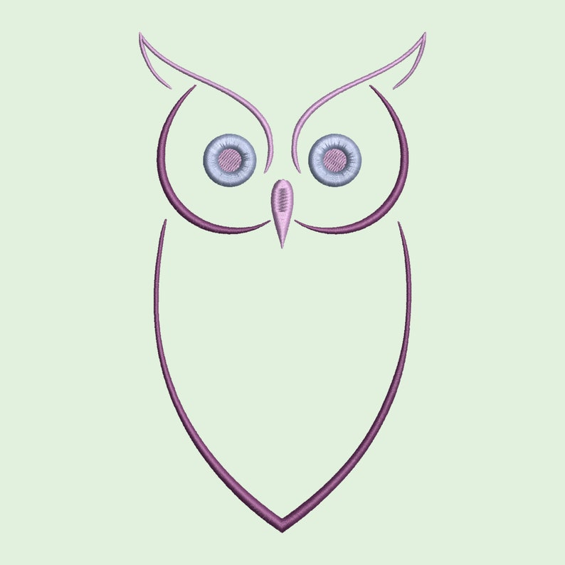 May include: A stylized purple line drawing of an owl with large, round eyes.