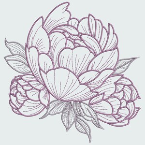 Pu&ograve; includere: Illustrazione dettagliata di un fiore di peonia in piena fioritura, con petali e foglie delicati. Il design utilizza una combinazione di grigio chiaro e viola tenue, con linee sottili che creano consistenza e profondit&agrave;. L'opera floreale &egrave; su sfondo grigio chiaro.